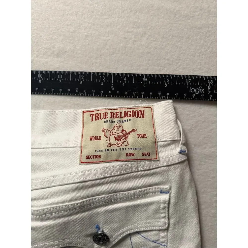 True Religion Ricky Relaxed Straight Denim Shorts White Blue Stitch Size 32